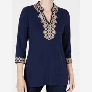 Navy Charter Club Tunic with Gold Lace Trim / Size Large